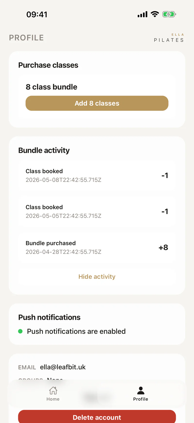 Pilates app bundle activity log listing each class booked and the bundle purchased, with the balance change beside every entry