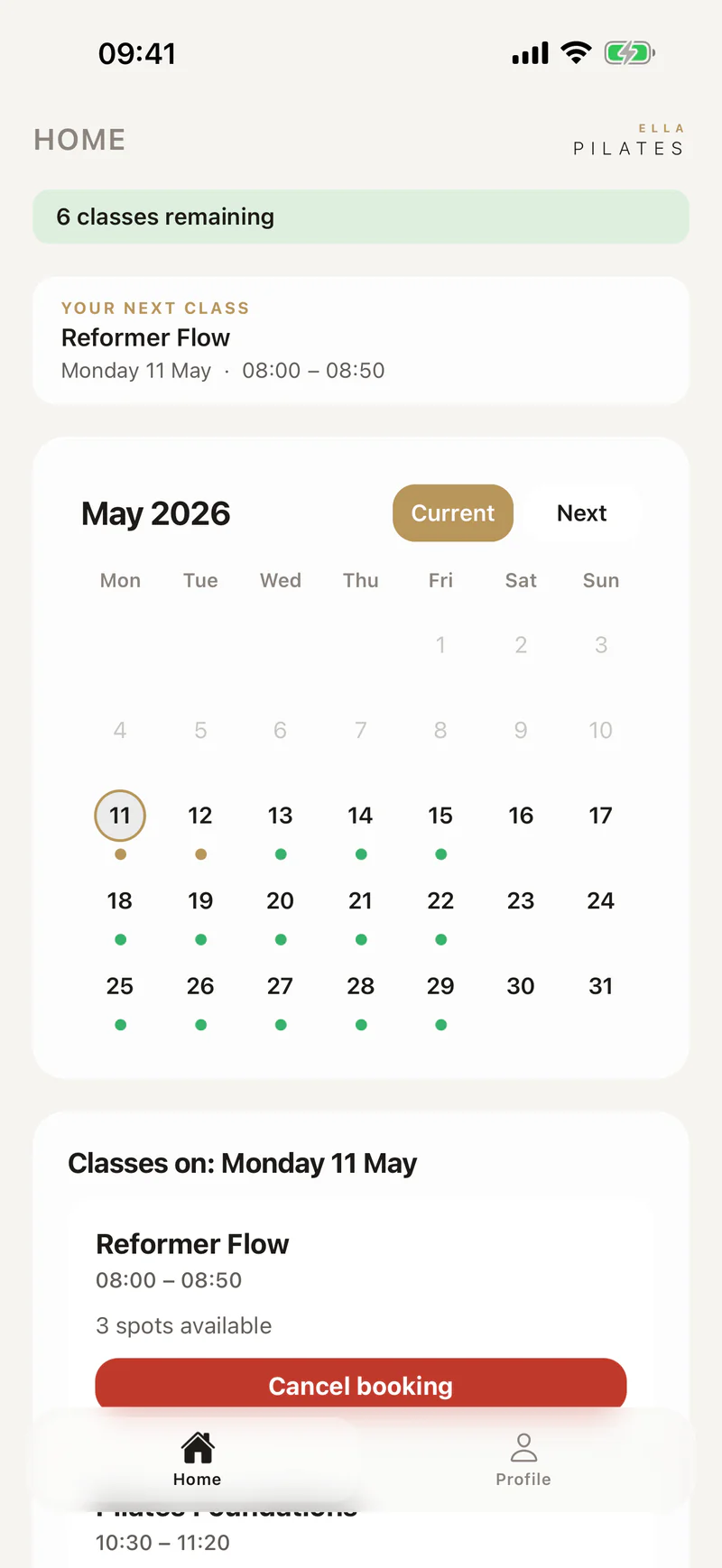 Pilates booking app home screen with the next class, a calendar of available sessions and a Reformer Flow class with three spots left