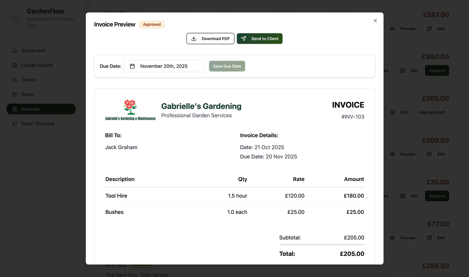Branded PDF invoice preview in GardenFlow, itemising tool hire and plants to a £205 total with download and send buttons