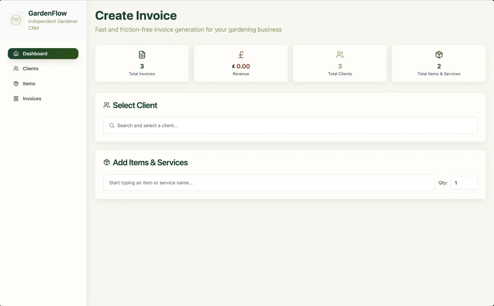 GardenFlow dashboard showing invoice, revenue and client totals above the client selector used to start a new invoice