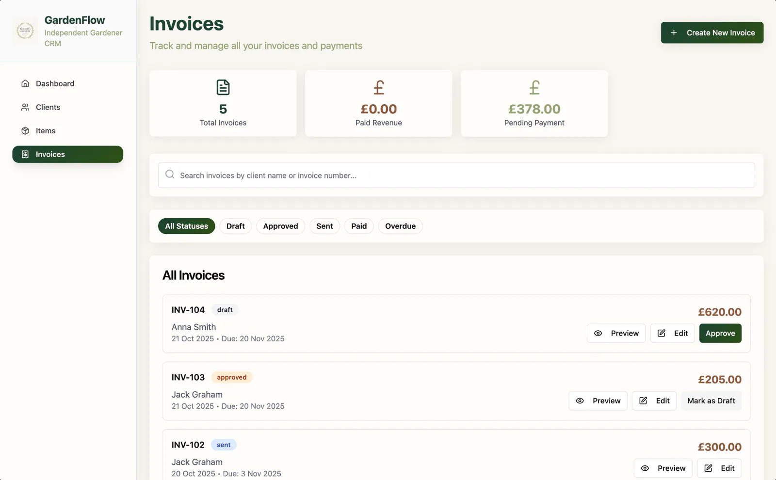 GardenFlow invoice list filtered by status, each row showing the client, amount, due date and draft or approved state