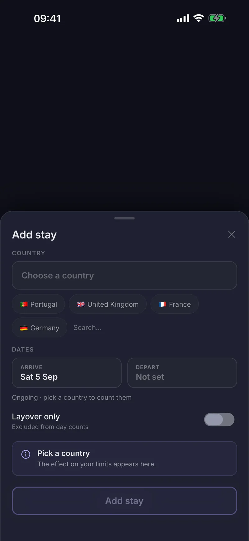 Adding a stay by hand in the Links app, with a country picker, arrival and optional departure dates and a layover-only toggle