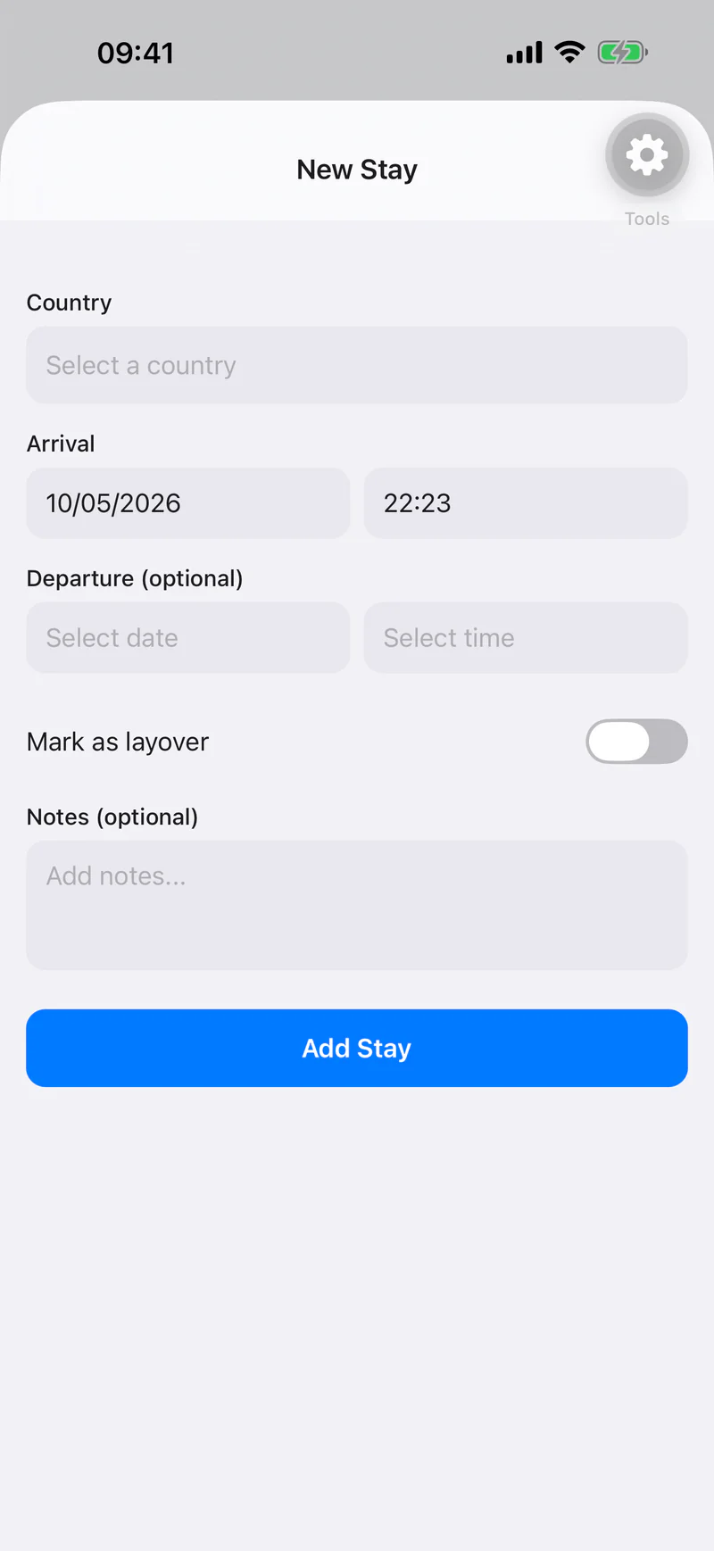 Adding a stay by hand in the Links app, with fields for country, arrival date and time, optional departure and a layover toggle