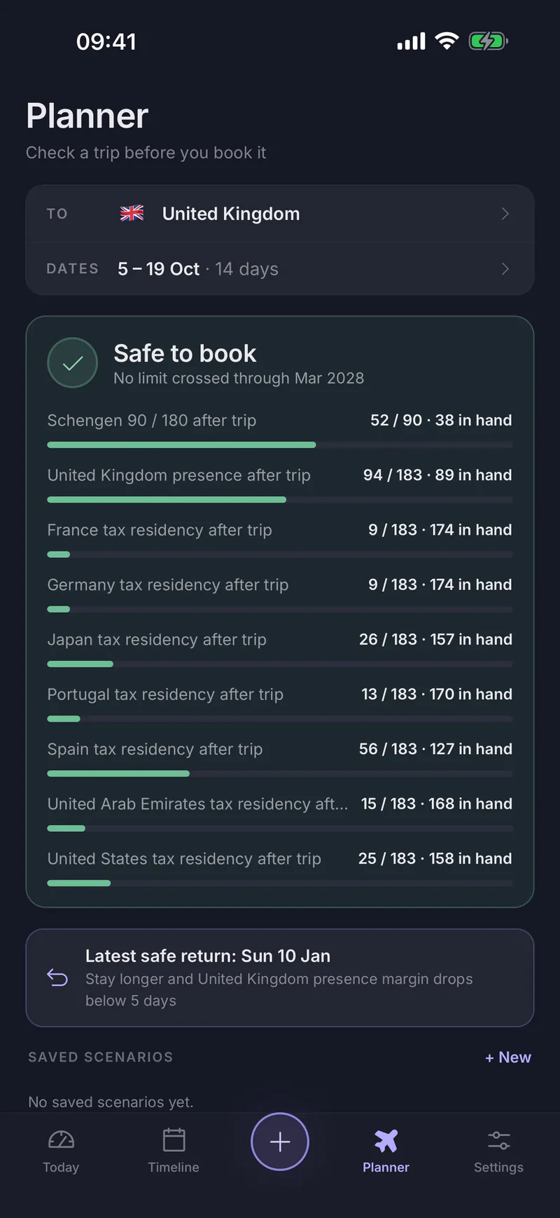 Links app trip planner checking a 14-day trip to the United Kingdom and marking it safe to book, with each limit's days used and days in hand after the trip