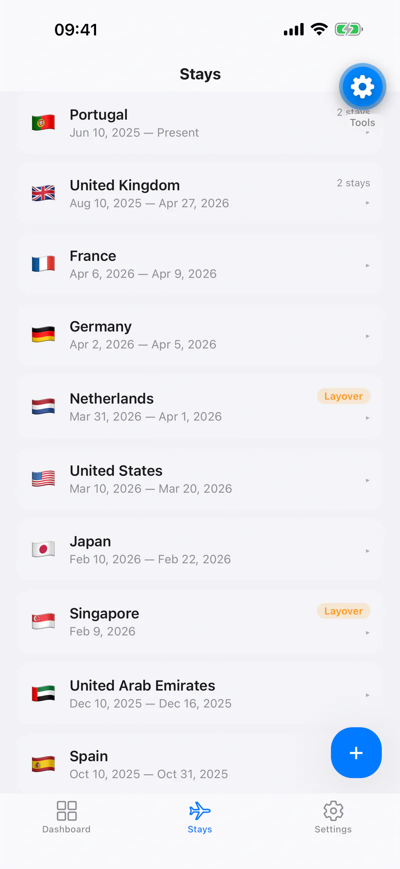 Links app stays list showing recorded trips to Portugal, the United Kingdom, France and Germany with their date ranges