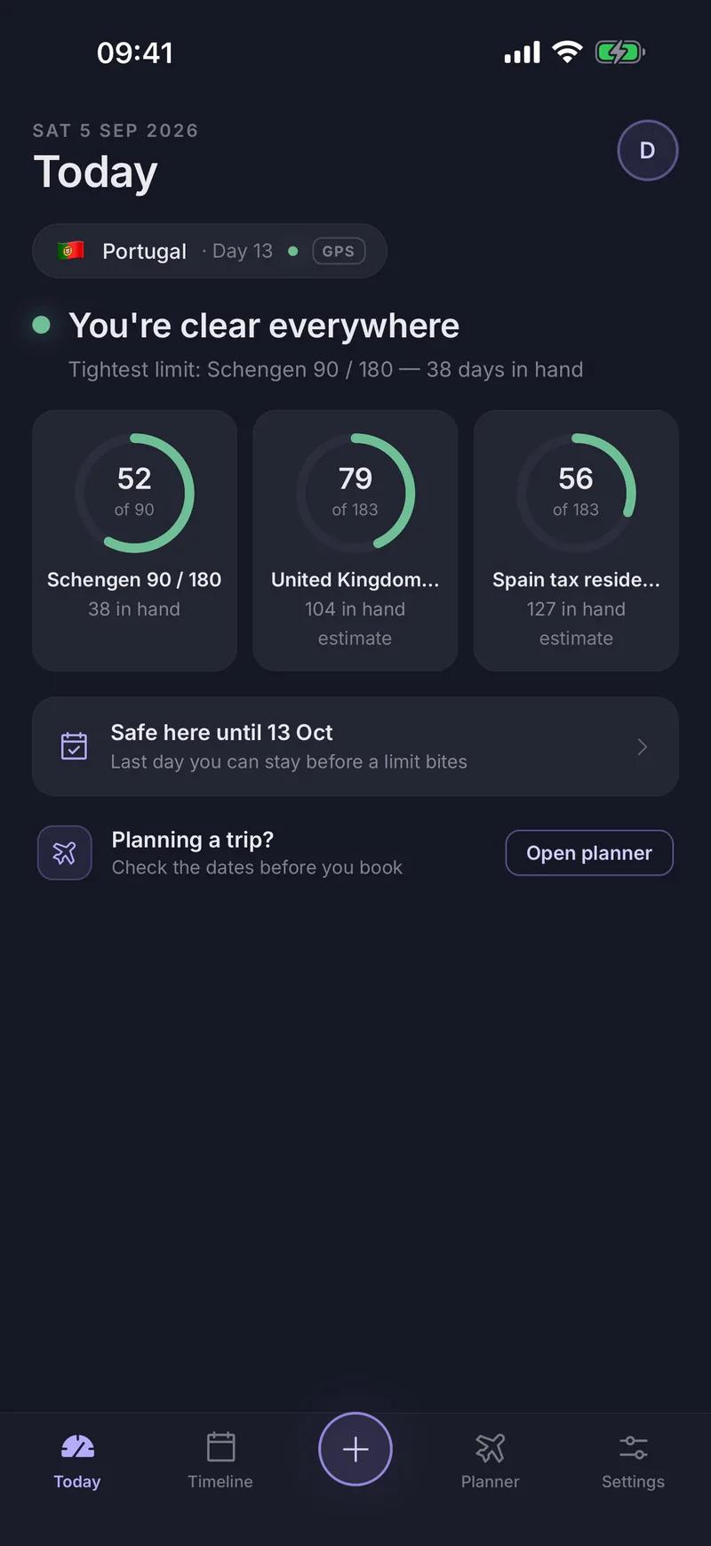 Links app Today screen reading You're clear everywhere, with progress rings for the Schengen 90/180 limit and two country tax-residency limits showing days used and days in hand