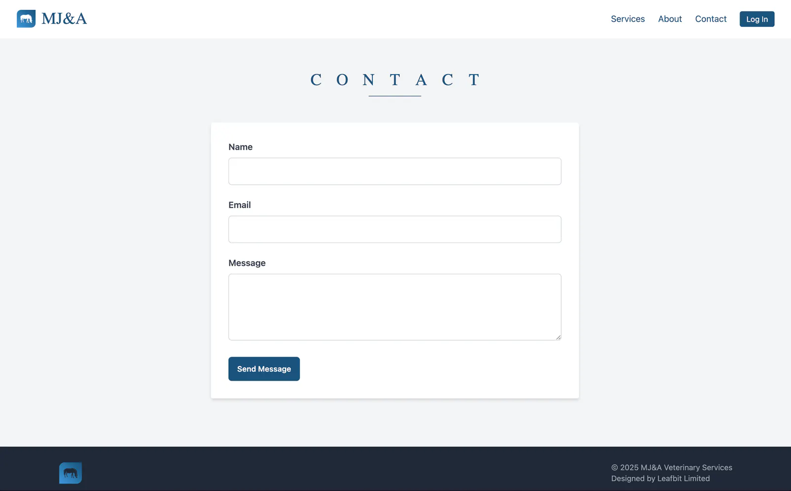 Contact page of the veterinary site with a short name, email and message enquiry form
