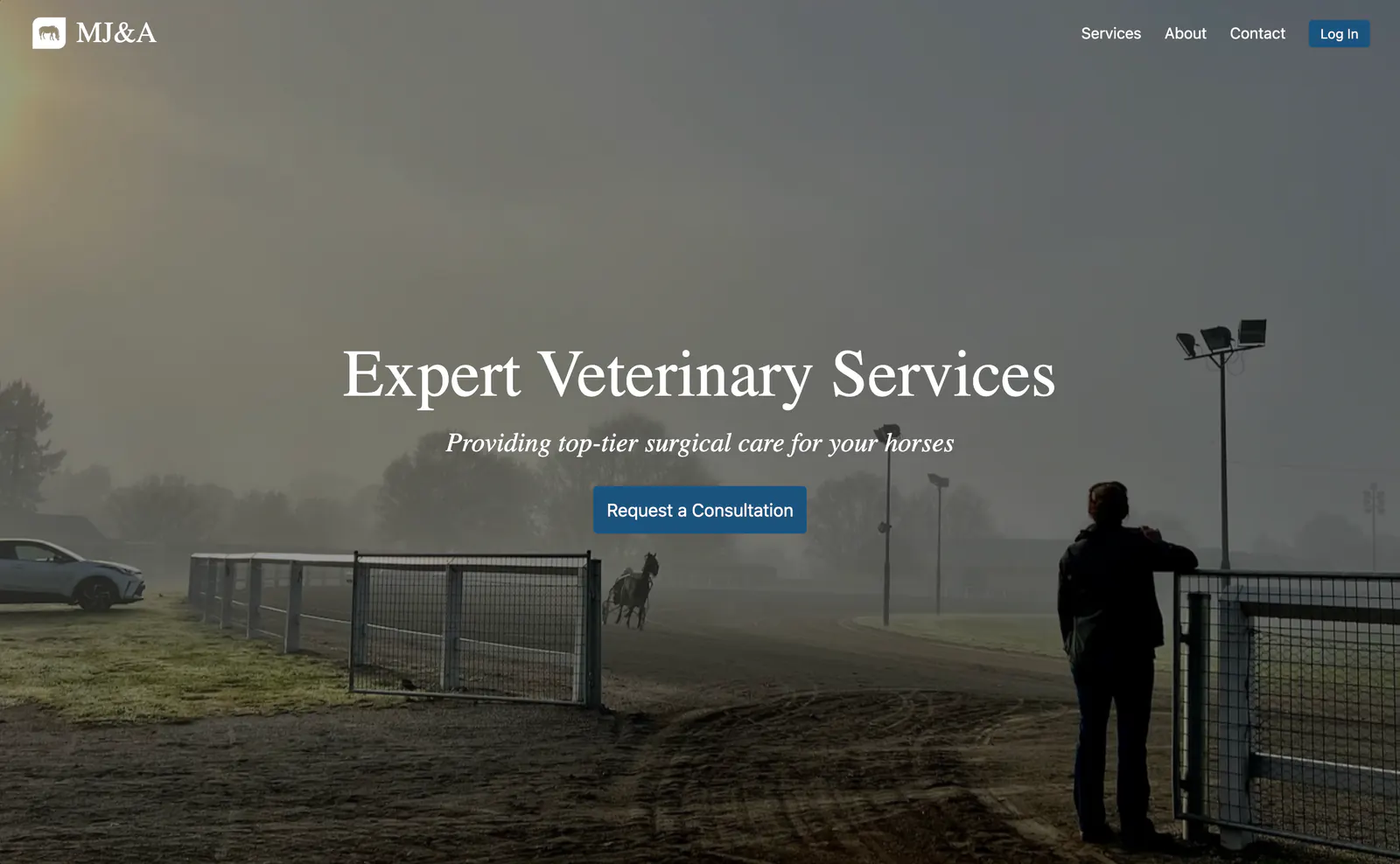 Veterinary practice homepage: the headline “Expert Veterinary Services” over a misty dawn photograph of horses in a paddock