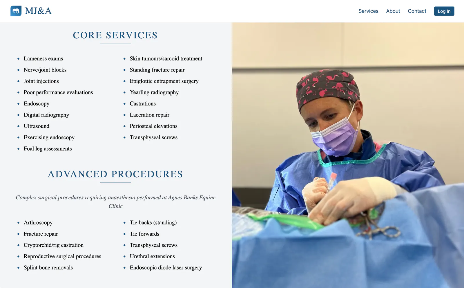 Services page of the veterinary site, listing core and advanced equine procedures beside a photograph of a surgeon operating